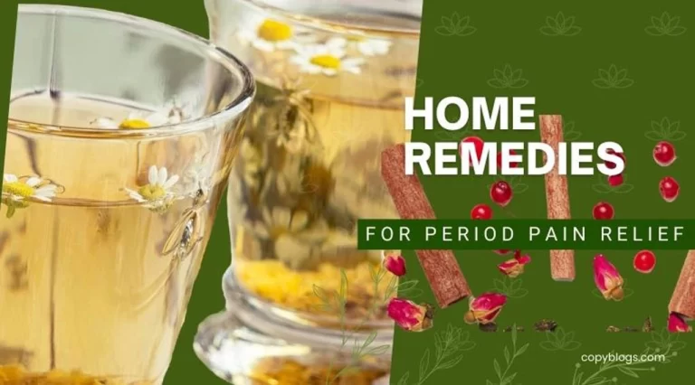 Natural remedies for period pain, including herbal tea, hot water bottle, yoga mat, and magnesium-rich foods.