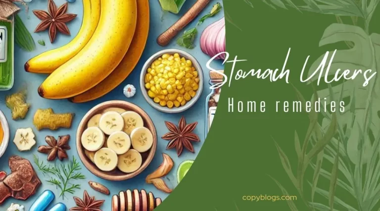 Natural home remedies for stomach ulcers, including aloe vera juice, honey, ginger, and chamomile tea on a wooden table.