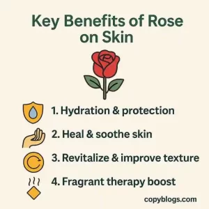 Infographic showing benefits of rose face mask for skin, including hydration, natural glow, anti-aging, reduced redness, and gentle toning — ideal for DIY skincare and Korean beauty routines