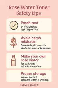 Infographic showing how to use rose water toner safely with tips like patch testing and proper storage.
