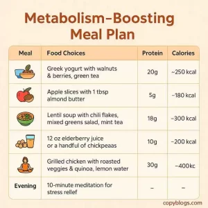 Infographic of daily metabolism-boosting meal plan with meals, protein, and calories
