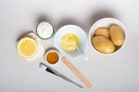 Potato, lemon, and honey face mask – natural fair skin treatment and whitening remedy for glowing complexion at home.