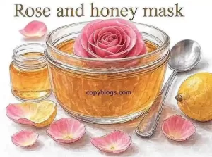 Natural rose and honey face mask with fresh petals and honey dipper. Source: copyblogs.com