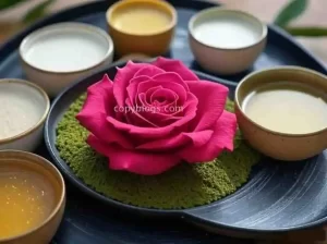 Rose collagen face mask with green tea powder, milk, and gelatin in a bowl. Source: copyblogs.com
