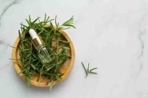 Fresh rosemary sprigs with a DIY facial toner bottle on wooden surface