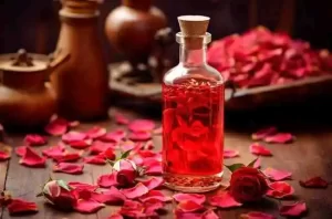 Delicate rose petals surrounding a soft pink liquid bottle