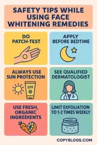 Colorful infographic showing six safety tips for using natural face whitening remedies, including patch testing, using sun protection, and seeing a dermatologist.