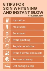 Infographic showing 8 skin whitening tips including hydration, moisturizer, sunscreen, exfoliation, and healthy habits – copyblogs.com