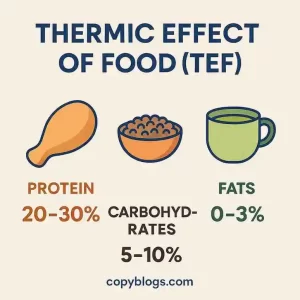 Diagram explaining how protein, carbs, and fats affect TEF in metabolism