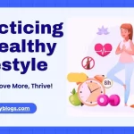 Healthy lifestyle infographic: yoga, balanced diet, exercise, sleep, stress relief, "Eat Well, Thrive!"