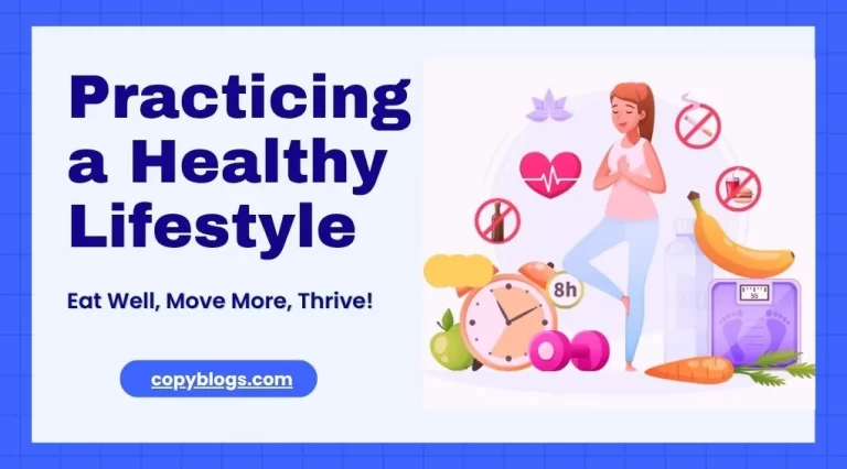 Healthy lifestyle infographic: yoga, balanced diet, exercise, sleep, stress relief, "Eat Well, Thrive!"