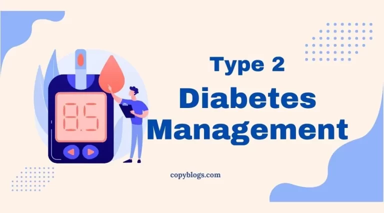 Illustration showing tips for managing type 2 diabetes through healthy food, exercise, and medication.