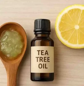 Aloe vera gel mixed with tea tree oil in a small bowl for acne treatment.