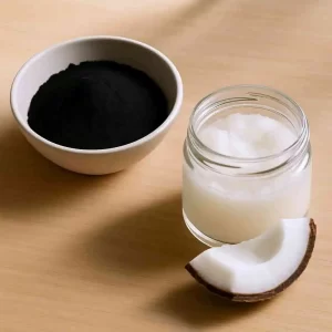 Charcoal and coconut oil balm nourishes and repairs dry patches.