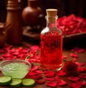 Cooling blend of cucumber pulp, rosewater, and gel in a clear glass bowl.