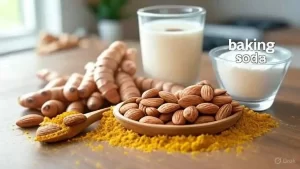 Whipped turmeric and baking soda mask with almond milk.