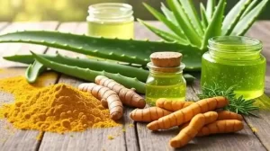 Soothing turmeric aloe gel blend in a small glass dish.