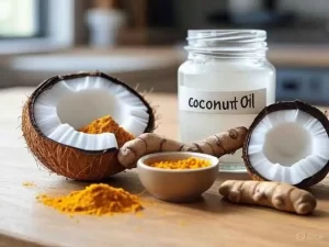 Turmeric and coconut oil paste in a white bowl with brush.