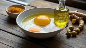 Turmeric and egg yolk face mask in a bowl with olive oil bottle.