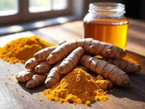 Golden turmeric honey face mask mix on spoon beside a glass jar.