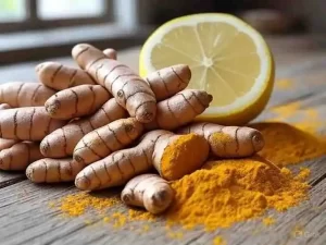 Turmeric and lemon juice face pack in a clear bowl with sliced lemons.