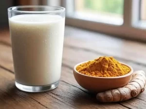 Milk and turmeric mixed in a ceramic bowl with brush.