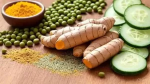 Cooling turmeric cucumber and mung bean face mask paste.