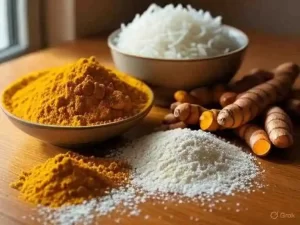 Thick paste of turmeric and rice bran beside milk and spoon.