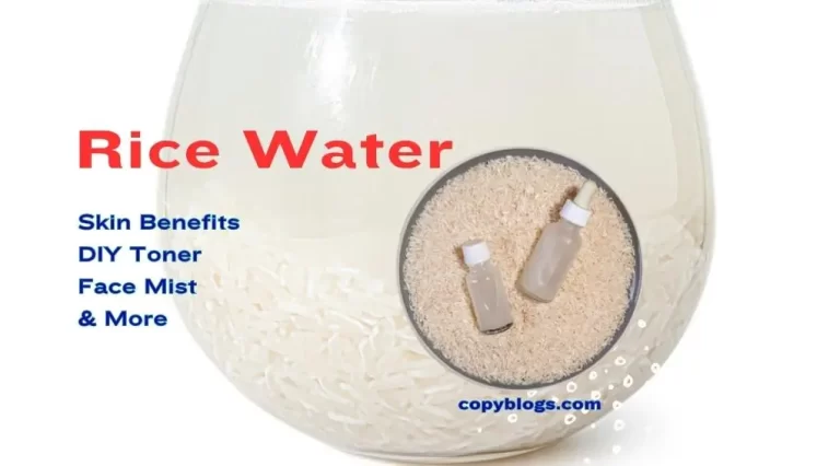 Rice water in a glass with dropper bottles for skin toner and DIY beauty use.
