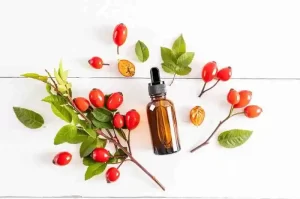 Rosehip oil in a glass dropper bottle for acne scar care.