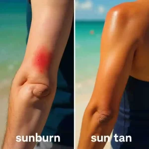 Comparison of sunburn and suntan on skin.