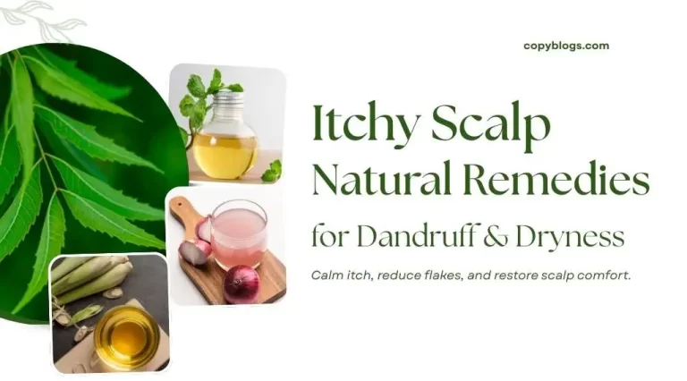 Natural itchy scalp remedies with oils, herbs, and fresh ingredients.