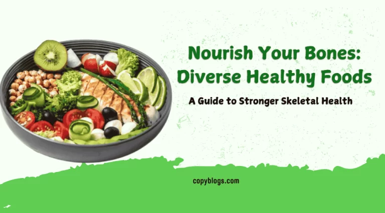 Foods for healthy bones including milk, broccoli, almonds, and salmon.