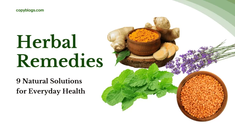Herbal home remedies with turmeric, ginger, mint, and natural healing ingredients on a wooden table.