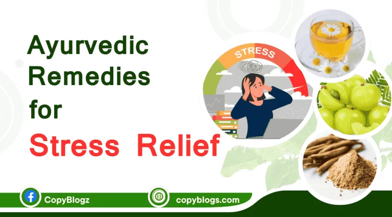 Ayurvedic remedies for stress relief with calming herbs, tea, and essential oils on a wooden table.
