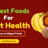 Nutritious foods for gut health including bananas, lentils, spinach, and grains that aid digestion.
