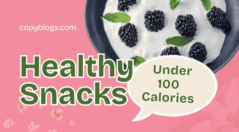 Healthy snacks under 100 calories with yogurt and blackberries in a warm pink background.