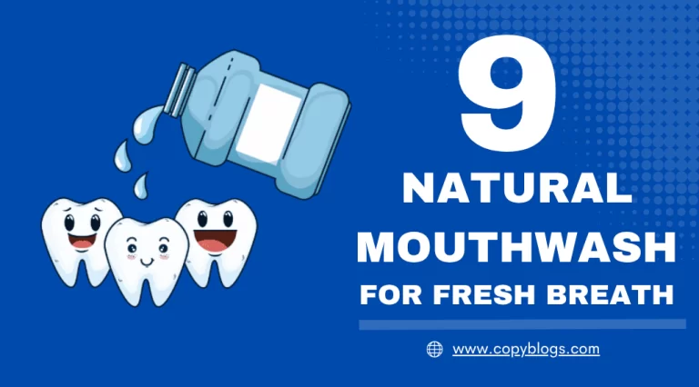 Illustration of smiling teeth with natural mouthwash bottle pouring drops, promoting fresh breath.
