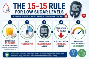 15-15 rule infographic for treating low blood sugar with fast-acting c