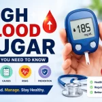 High blood sugar with glucose meter and healthy foods