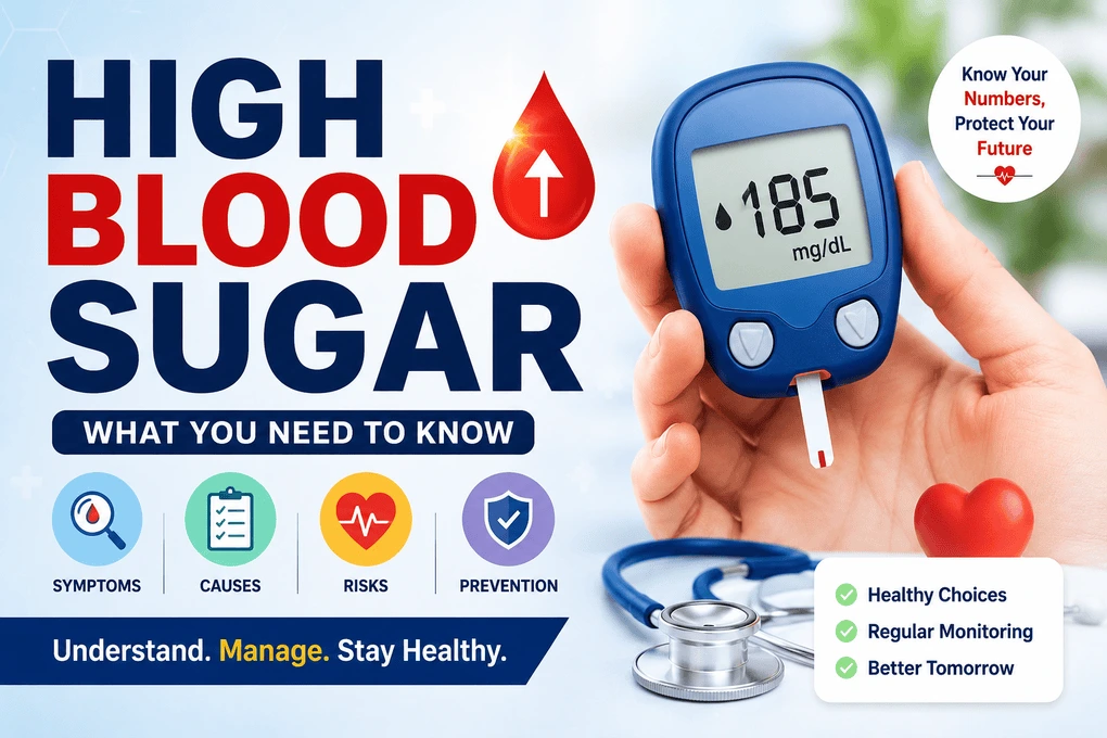 High blood sugar with glucose meter and healthy foods