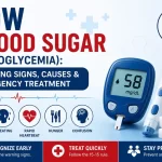 Low blood sugar (hypoglycemia) banner showing a glucose meter, glucose tablets, sugar cubes, and emergency treatment.