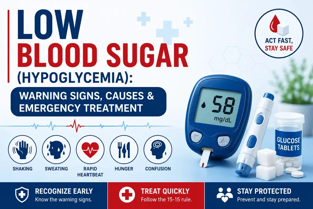 Low blood sugar (hypoglycemia) banner showing a glucose meter, glucose tablets, sugar cubes, and emergency treatment.